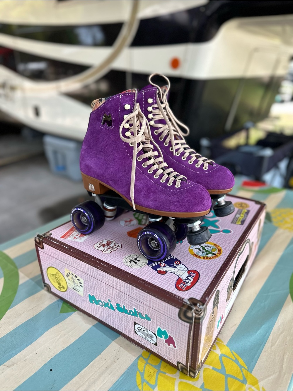 Moxi Lolly Purple Suede High-Top Roller Skates with Cream Laces